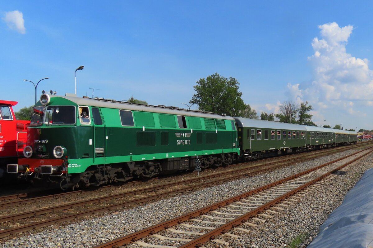 Am 4 Mai 2024 treft ein Sonderzug mit SU45-079 in Wolsztyn ein nach den Dampflokparade.