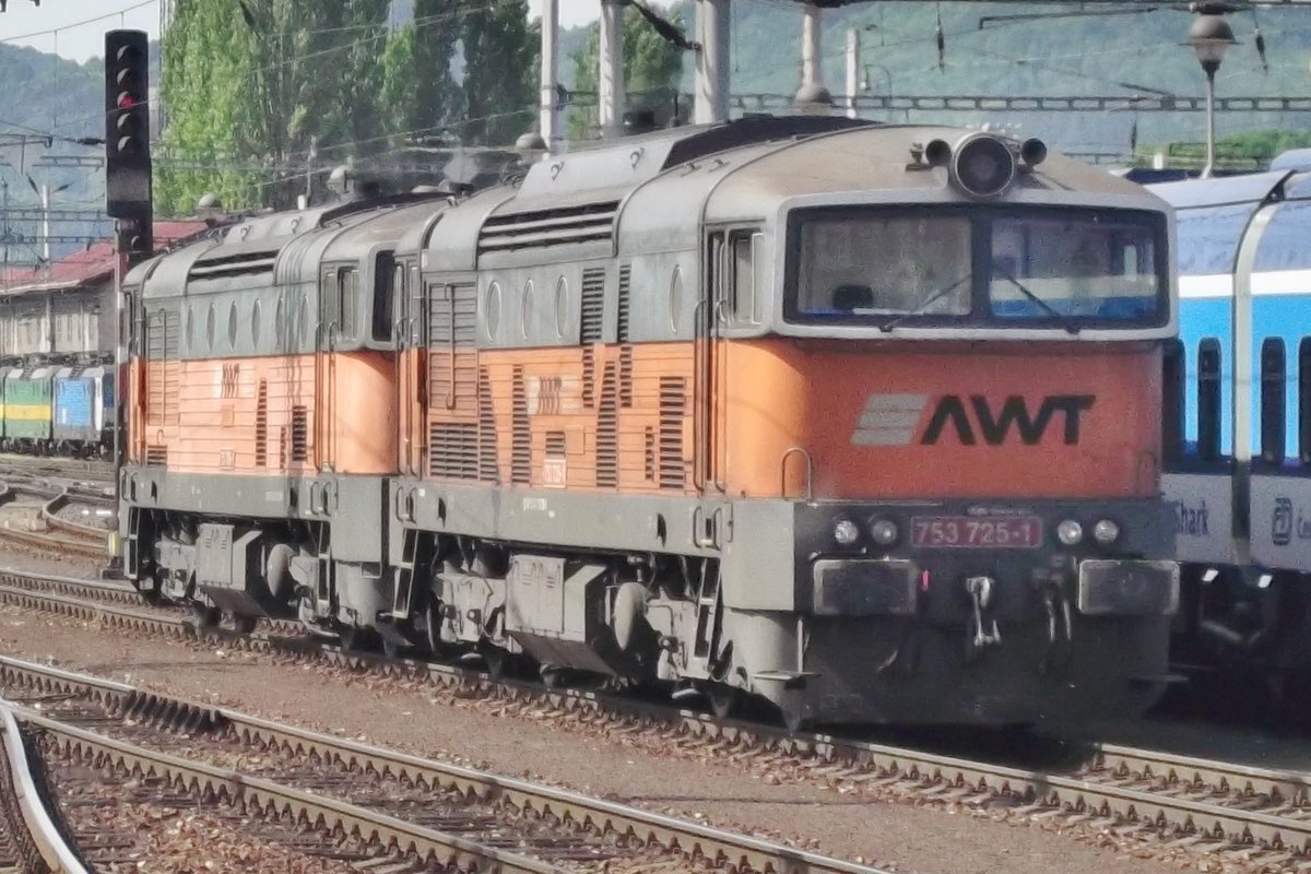 AWT 753 725 lauft mit Schwesterlok am 22 Mai 2015 in Decin hl.n. um und geniesst die Sonnenschein.