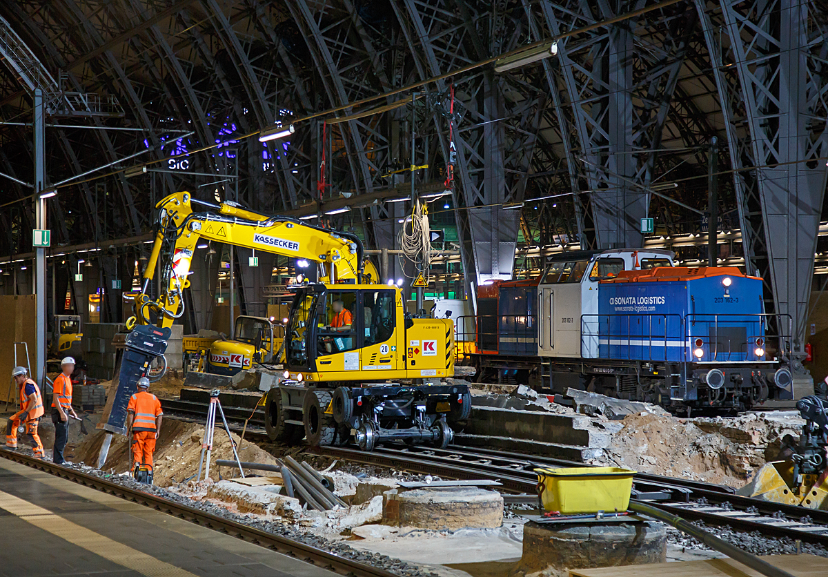 
Bahnsteigsanierung Gleis 10/11 im Hauptbahnhof Frankfurt am Main, hier am 18.09.2018. Vorne ein Liebherr Zweiwegebagger A 900 C ZW der Fa. Kassecker, hinten die 203 162-3 (92 80 1203 162-3 D-SONRA) der SONATA RAIL GmbH.