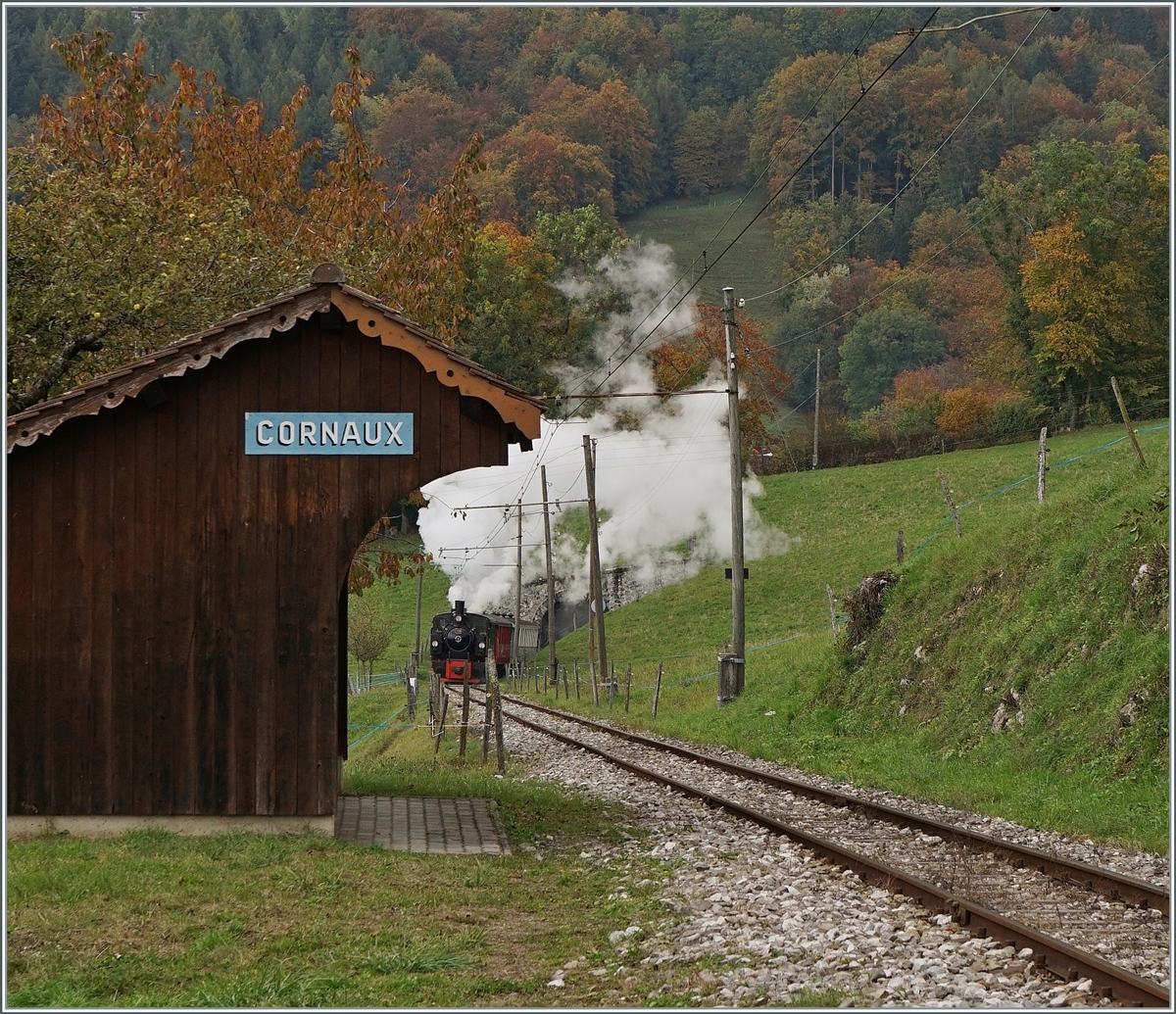 Dampf und Rauch ist hier das Motiv: Die Blonay-Chamby G 2x 2/2 105 arbeitet kräftig, um ihren Dampfzug bei Cornaux die beträchtliche Steigung hinaufzuziehen. 18. Okt. 2020