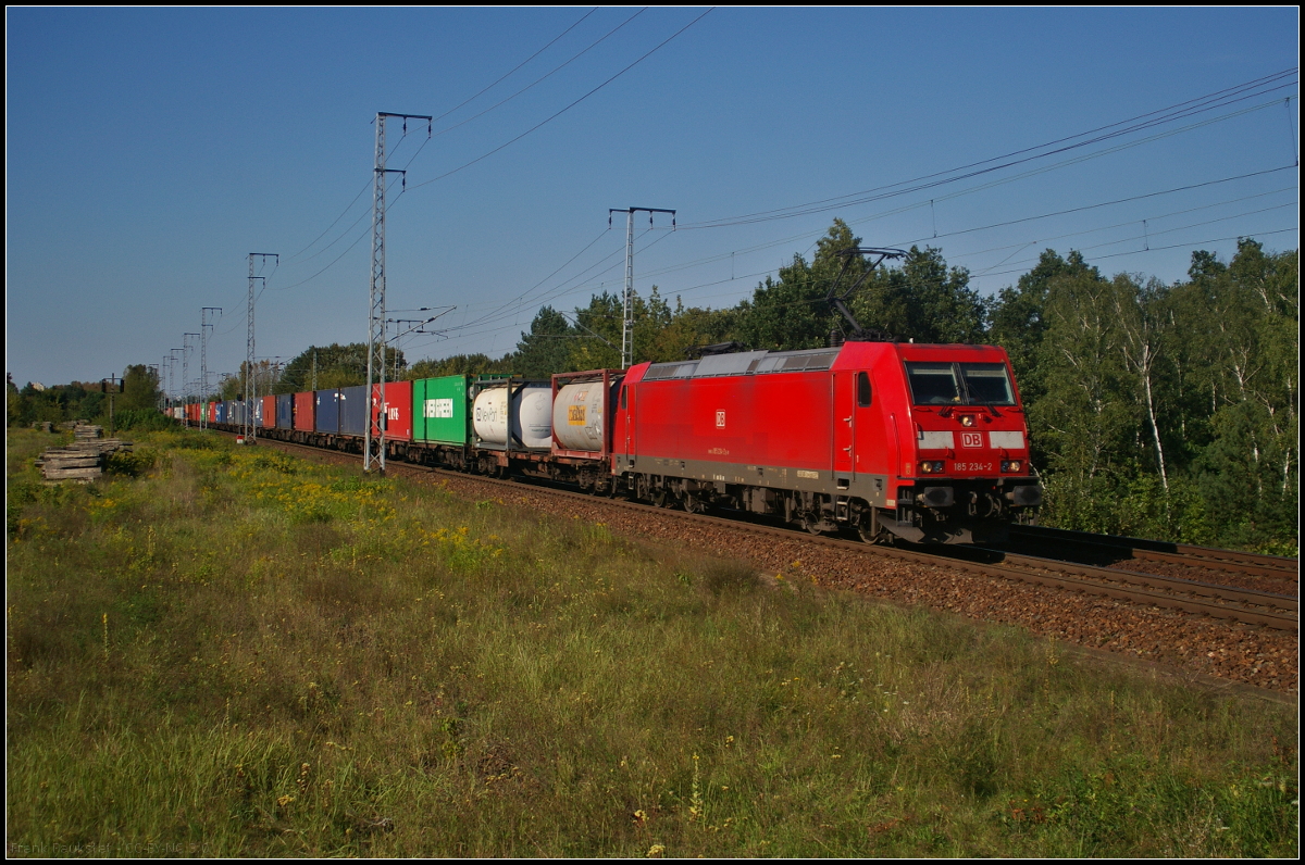 DB Cargo 185 234-2 fuhr mit einem Containerzug am 29.08.2017 durch die Berliner Wuhlheide