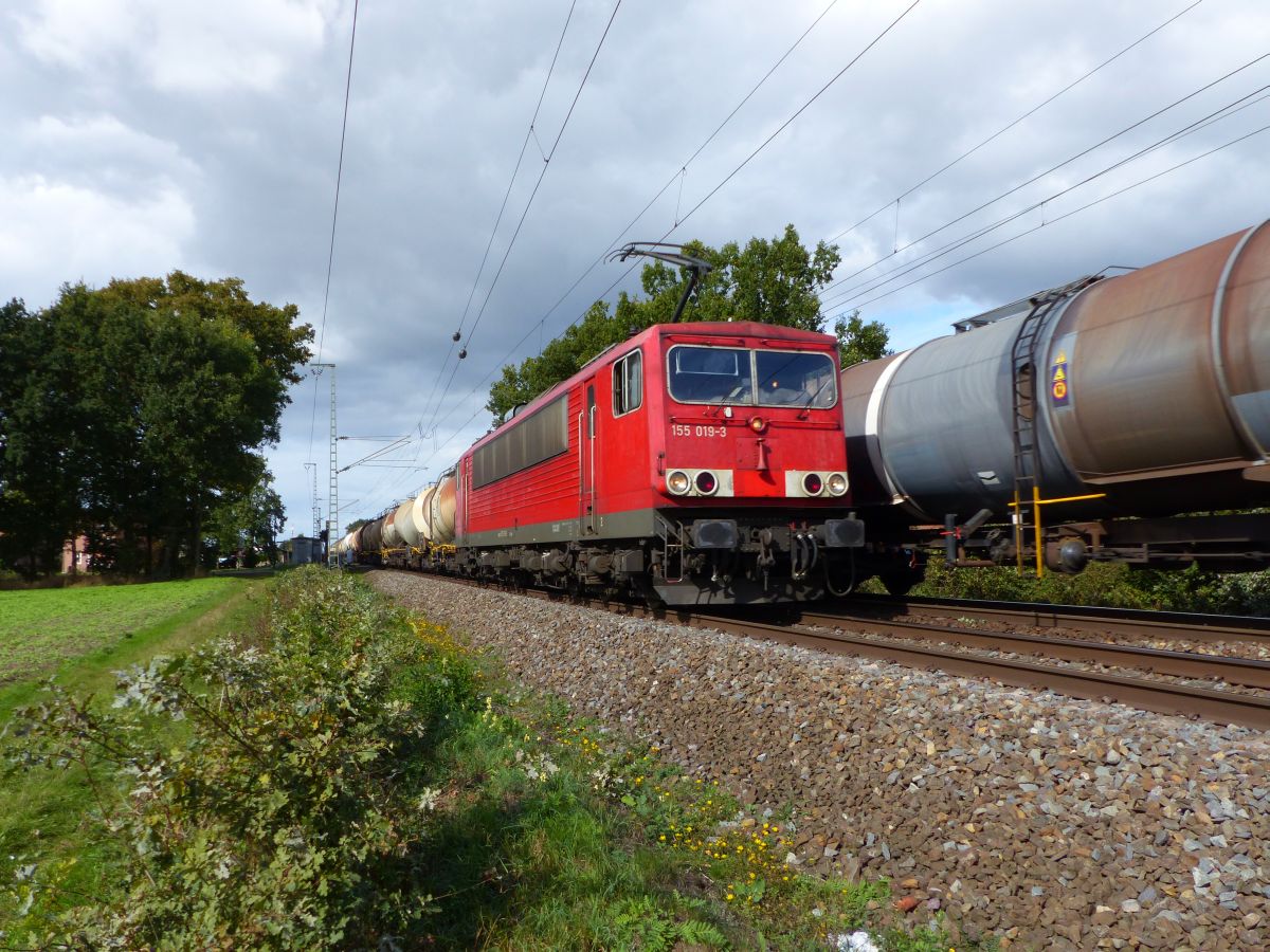 DB Cargo Lok 155 019-3 bei Bahnbergang Devesstrae, Salzbergen 28-09-2018.

DB Cargo loc 155 019-3 bij overweg Devesstrae, Salzbergen 28-09-2018.