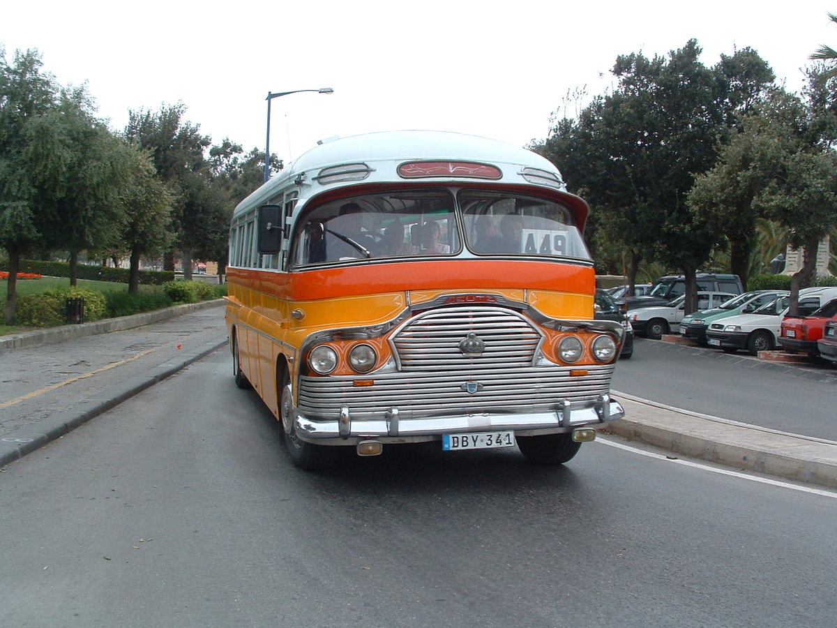 DBY 341 was a  Malta Docks  forward control bus with Brincat B40F bodywork.  These  Malta Dock  buses were built using imported parts and assembled on the dock yards, hence the name.  This bus also carried registrations 857, A-0857, Y-1042 and Y-0341.

Photographed at Floriana, near Valetta on 26th April 2009.