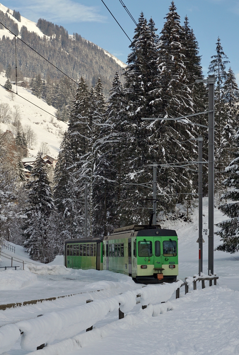 Der ASD BDe 4/4 403 mit dem führenden Bt 434 lassen den Halt Vers l'Eglise hinter sich und fahren im nahen Ziel Les Diablerets entgegen. Die Wintersonne ist zur Zeit so tief, dass den verschneiten Talboden bei Vers l'Eglise noch nicht erreicht.

4. Januar 2021