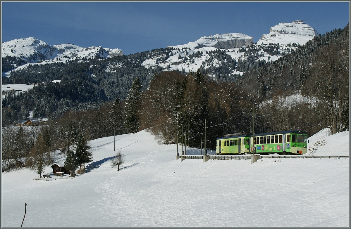 Der ASD Regionalzug 428 von Aigle nach Les Diablerts bei Le Sepey.
25. Jan 2014