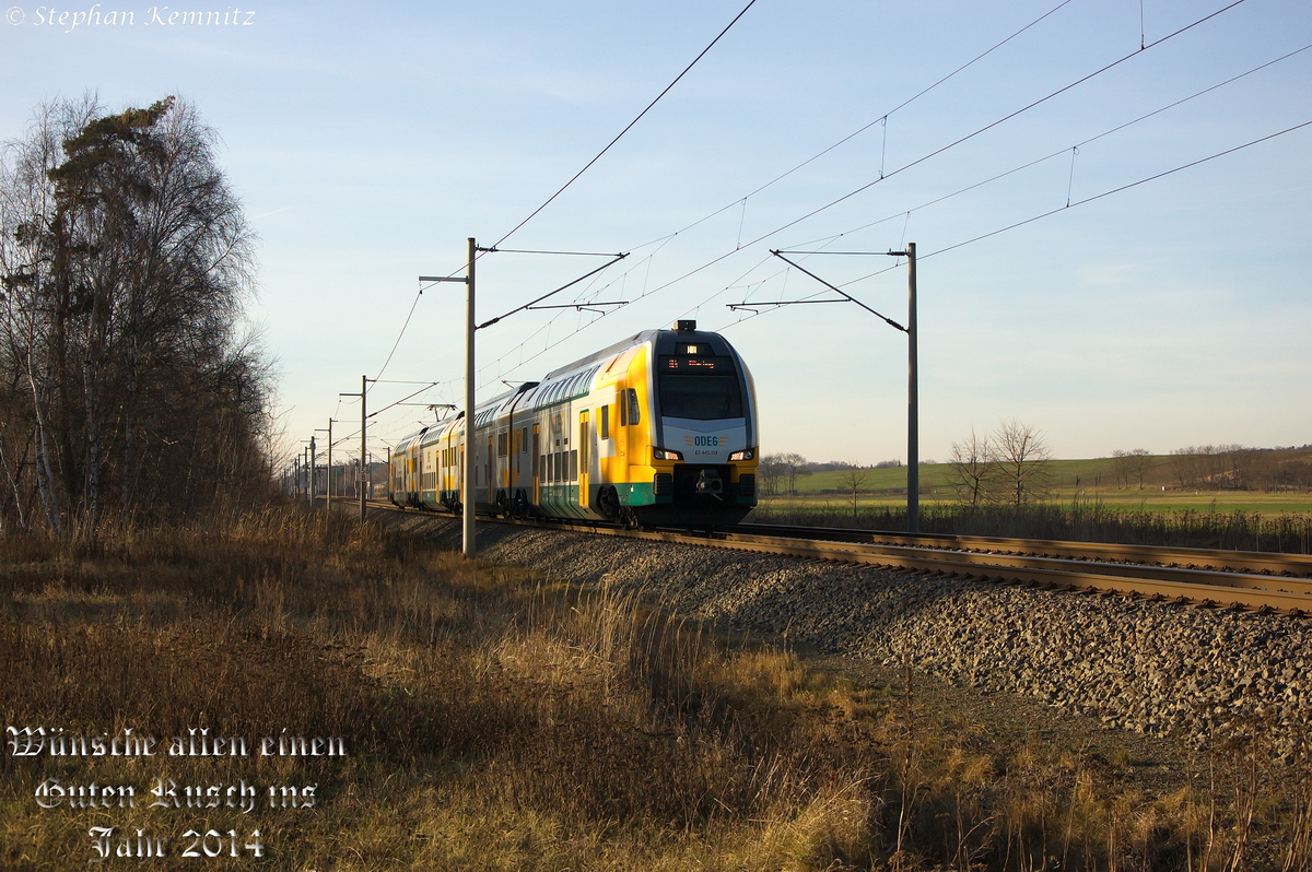 Der ET 445.113 (445 113-4) der Ostdeutsche Eisenbahn GmbH hatte die Ehre auf dem letzten Foto des Jahres 2013 sich zu präsentieren. Hier war er als RE4 (RE 84021) von Rathenow nach Jüterbog unterwegs und hatte gerade den Bahnhof Nennhausen verlassen am 31.12.2013. WÜNSCHE ALLEN EINEN GUTEN RUTSCH INS JAHR 2014!!!