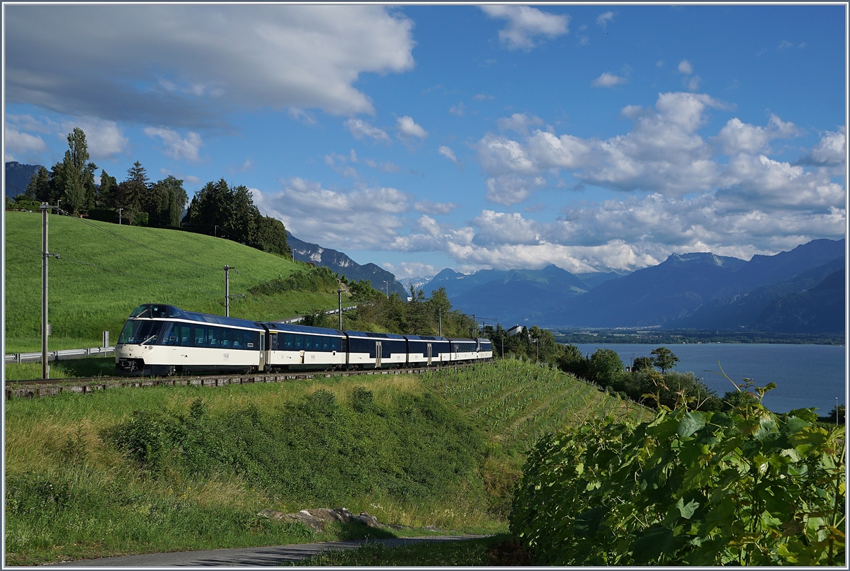 Der  neue  MOB Golden Pass Panoramic RE 2229 von Zweimmen nach Montreux mit der Ge 4/4 8001 an der Spitze zeigt sich bei Planchamp mit dem Ast 151 als Abschluss im Abendlicht in den Weinbergen oberhalb von Montreux.

29. Juni 2020