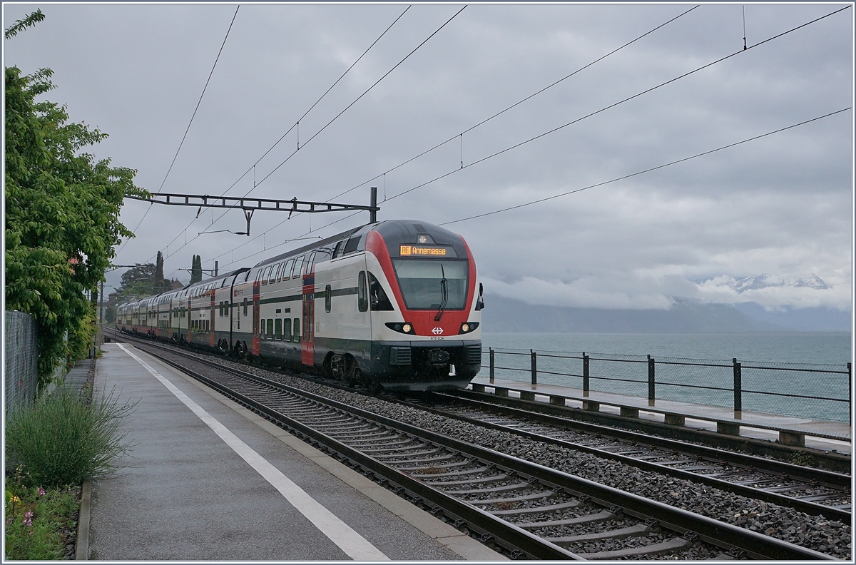 Der SBB RABe 511 026 auf dem Weg nach Genève bei St-Saphorin. Die tiefen Wolken vermitteln fast den Eindruck das die Bahn dem Meer entlang fährt. 
11. Mai 2020