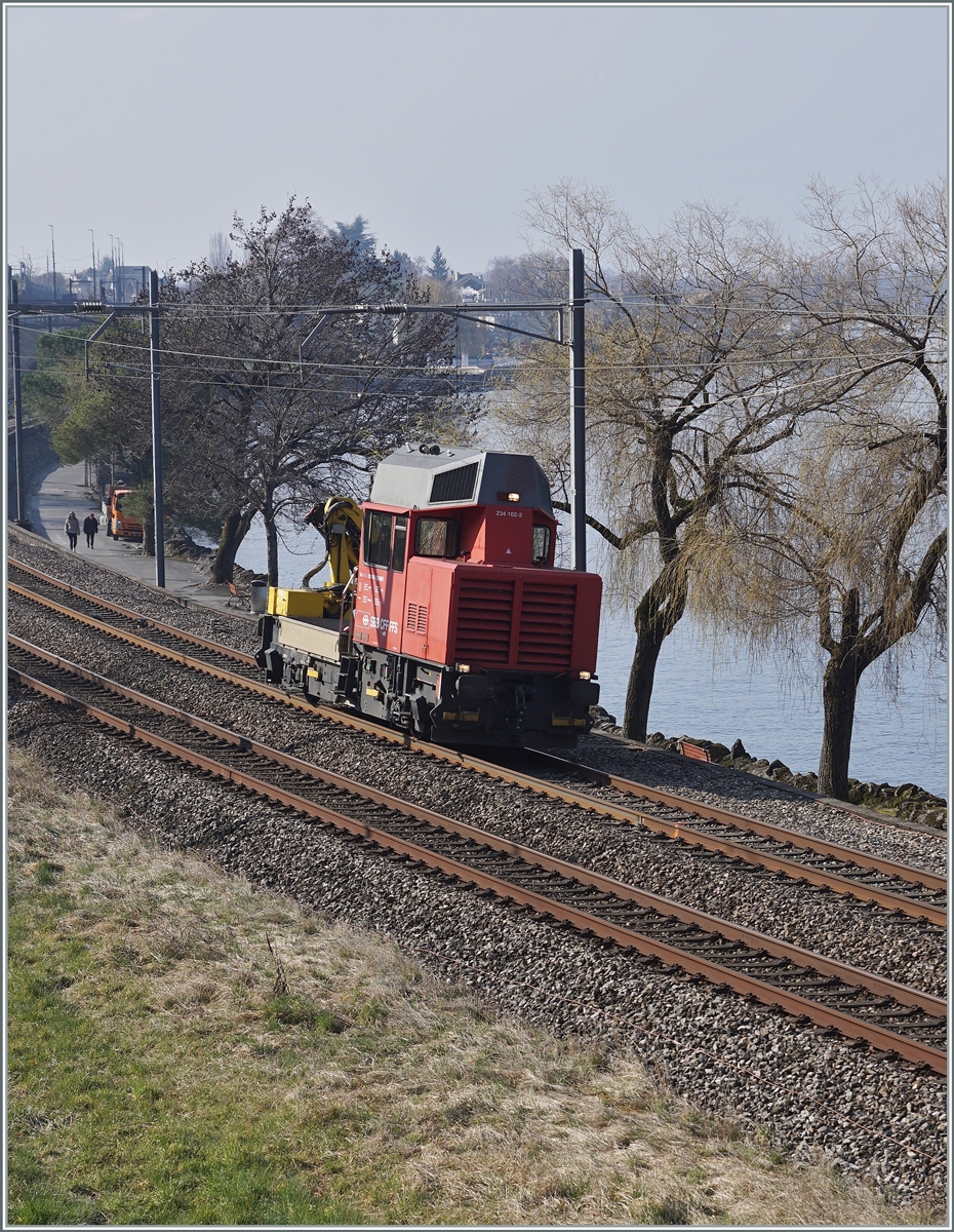 Der SBB Tm 234 102 (98 85 5 231 102-2 CH-SBB I)  Ameise  ist kurz nach Villeneuve auf dem Weg nach Montreux.

8. Mrz 2022