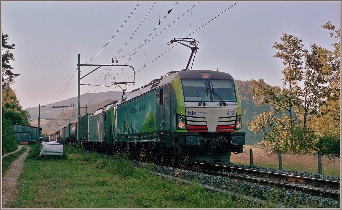 Die BLS Re 475 412 und eine weitere fahren im Schatten mit einem via Alte Hauensteinlinie umgeleiteten Güterzug Richtung Sissach. Der Zug fährt gerade durch den Bahnhof Sommerau und wird in Kürze eine Stelle erreichen die sich  Gotthard  nennt.
18. Juli 2018 