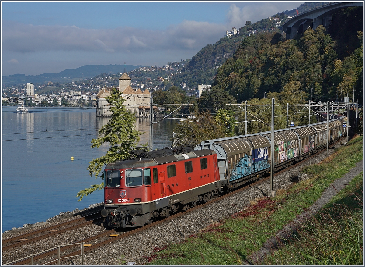 Die Re 420 250-3 mit einem Güterzug bei Villeneuve, im Hintergrund das Château de Chillon und ein ankommende Dampfschiff  Italie .

8. Okt. 2018