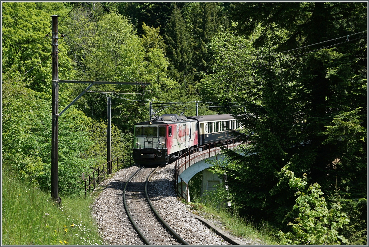 Die vor Jahen recht lichte Fotostelle bei Sendy-Sollard ist in der Zwischenzeit recht zugewachsen. Die MOD GDe 4/4  Aigle Les Murailles  ist mit dem Classic Golden Pass N° 2217 auf der Fahrt nach Montreux.
25. Mai 2016