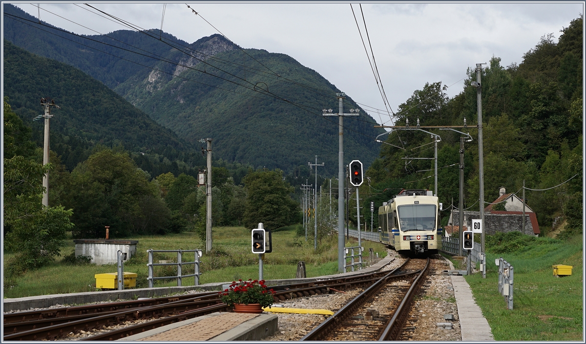 Ein FART Centovalli-Express verlässt Re Richtung Domodossola.
5. Sept. 2016