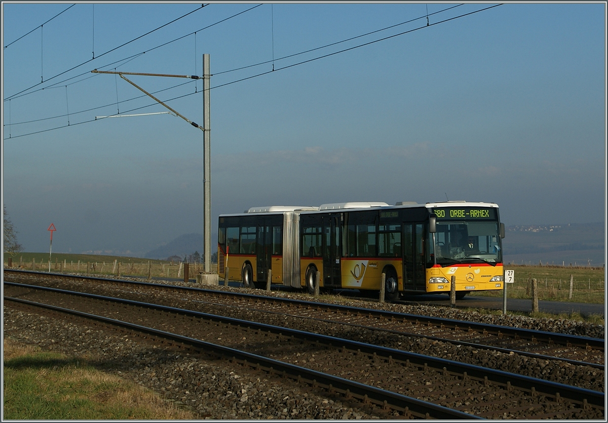 Ein Gelenk-Bus von Orbe kommend erreicht sei Ziel Arnex.
31. Jan. 2014