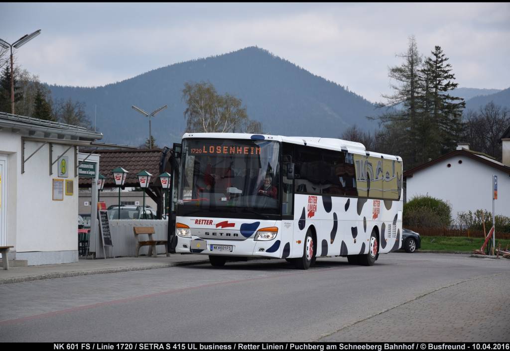 Ein SETRA S 415 UL Business €6 der Fa. Retter Reisen (Neunkirchen) unterwegs im Linienverkehr in Puchberg am Schneeberg (NÖ).