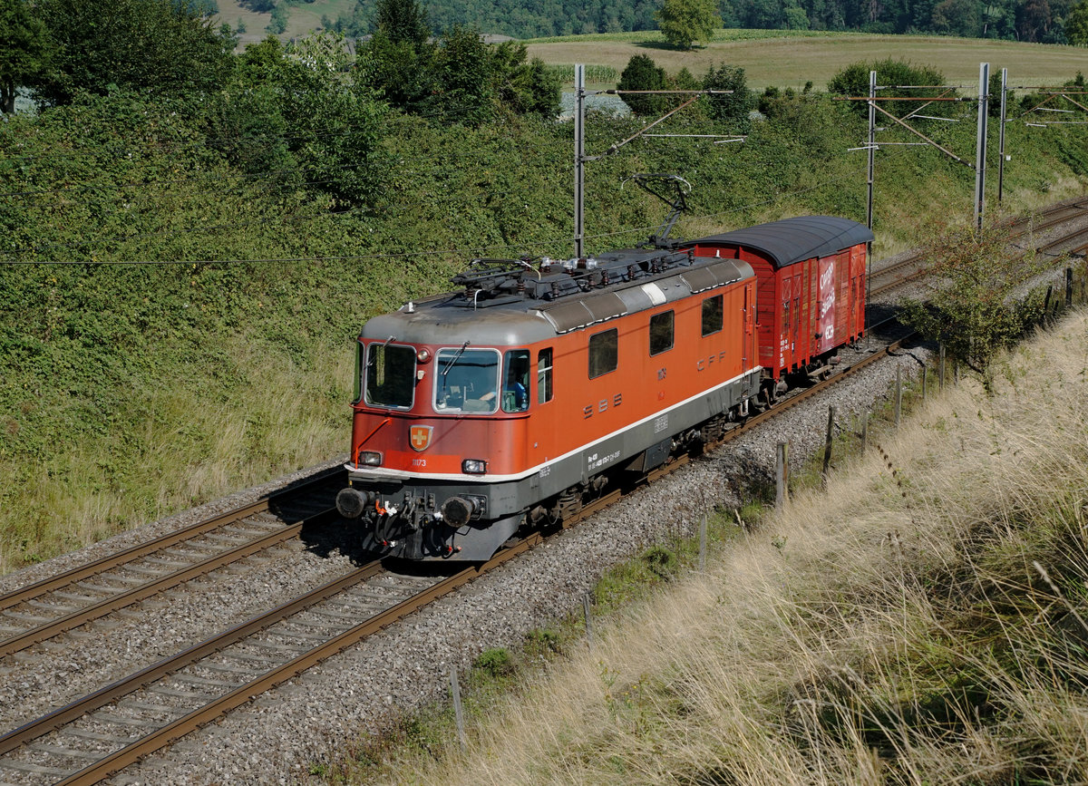 Erste historische Re 4/4 II auserkoren.
Dabei handelt es sich um die Re 4/4 II 11173 ohne Klimaanlage.
Der neue Besitzer ist der Verein Depot und Schienenfahrzeuge Koblenz (dsf).
Erstmals im Dienste des dsf brachte die Re 4/4 II 11173 das Cargo Stübli 21 85 CH - DSF 137 3 080-2 Gms via Wangen an der Aare, zwecks Umfahrung, in die Klus bei Balsthal.
Diese Aufnahmen entstand am Morgen des 15. August 2020 bei Niederbipp.
Foto: Walter Ruetsch