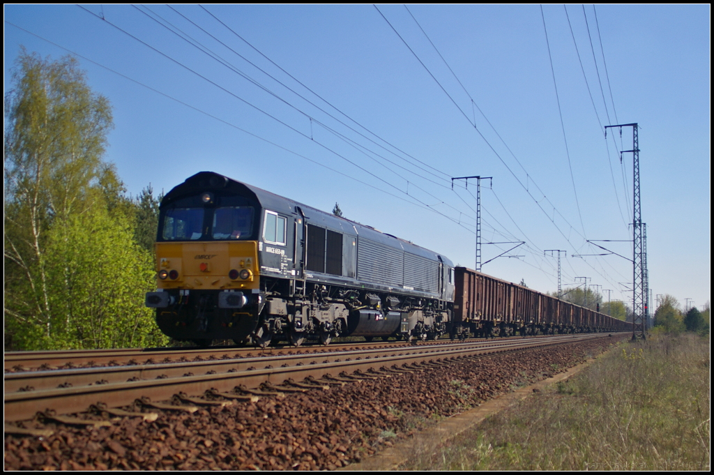 Freightliner 653-09 / 266 119-7 mit Eaos-Wagen in Berlin Wuhlheide, 23.04.2015. Angemietet von Freightliner PL ist sie bei der deutschen Tochter im Einsatz