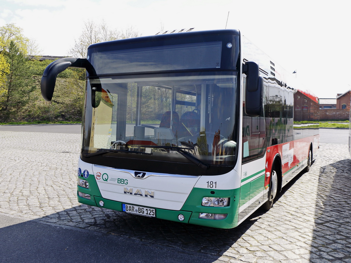 Frontansicht des MAN Lion's City der Barnimer Busgesellschaft in Eberswalde am 17. April 2019.