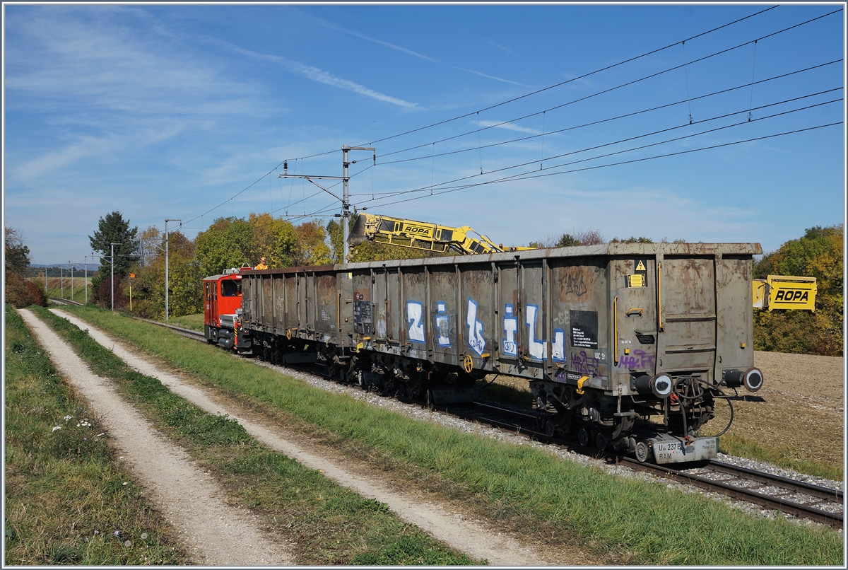 Fr zwei Wagenladungen liegen noch Zuckerrben auf dem Feld oberhalb von Reverolle, dazu hat der Tm 2/2 41 die zwei letzen Eaos des leeren Zuges hochgezogen. 
17. Okt. 2017