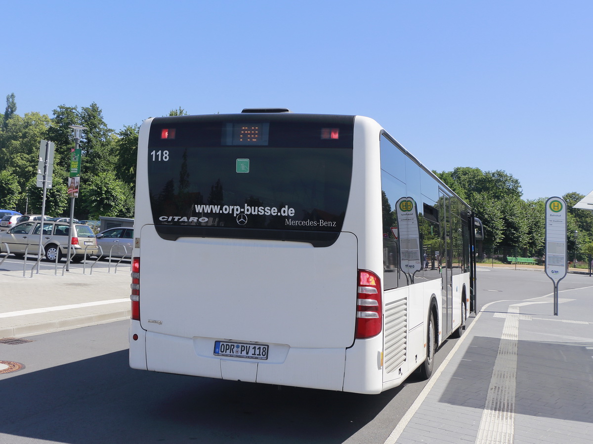 Heckansicht eines Mercedes Citaro von der Ostprignitz-Ruppiner Personenverkehrsgesellschaft in Wittstock (Dose)  am 24. Juli 2019.