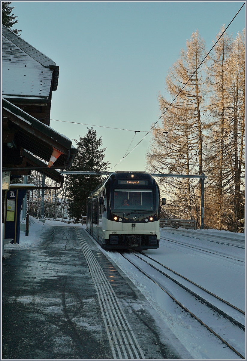 Hinter dem nach Vevey gefahren ABeh 2/6 7503 steht noch der ABeh 2/6 7501  La Chiésaz St-Légier), welcher für Testfahrten auf Les Pléiades weilt und in den Zugspausen jeweils ein Stück Talwärts fährt um dann vor Ankunft des Planzuges wieder auf Les Pléiades einzutreffen.
10. Jan. 2019