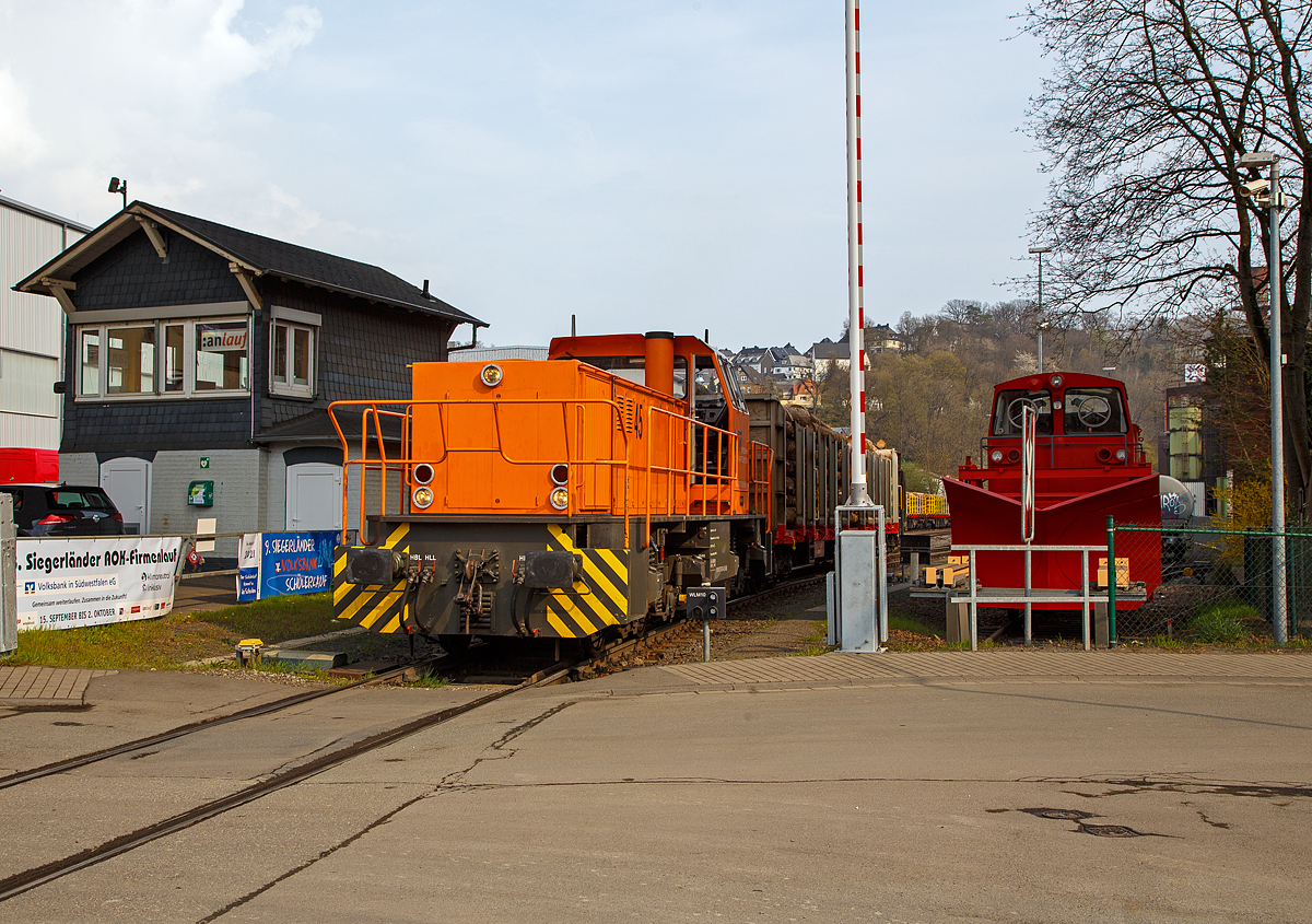 Holztransport im Siegerland:
Gewaltige Forstschäden an dem kompletten Fichtenbestand durch den Borkenkäfer sind in der Region zu beobachten. Mit der Abholzung kommt man nicht hinterher. Hier in Siegen-Eintracht auf dem Betriebsgelände der KSW (Eisern-Siegener Eisenbahn NE 437) findet die Holzverladung der Region, von den LKW´s  auf die Schiene, statt. Nun (am 21.04.2021) sind die Wagen alle beladen und so stellen zwei Loks der Kreisbahn Siegen-Wittgenstein, die KSW 44 und 45, einen langen Holzzug zusammen.
Nun ist der Zug zusammengestellt, hier im Bild steht die KSW 45 (98 80 0276 016-9 D-KSW), eine MaK G 1204 BB, am Zuganfang. 

Ich musste weiter, eigentlich hatte ich nicht damit gerechnet den Zug nochmals zu sehen, aber manchmal kommt es anders als man denkt, wie die folgenden Bilder zeigen.
