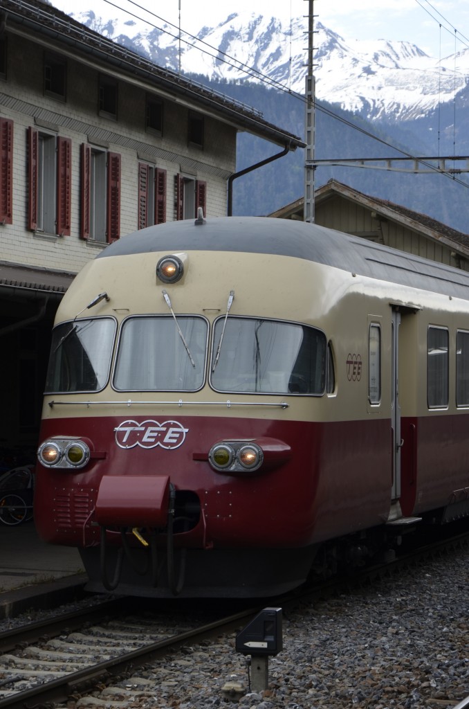 Jubiläum 125 Jahre RhB am 10.05.2014 in Landquart. Anlässlich des Jubiläums war im Bahnhof Landquart der SBB TEE  Gottardo  ausgestellt. Hier die Stirnfront.