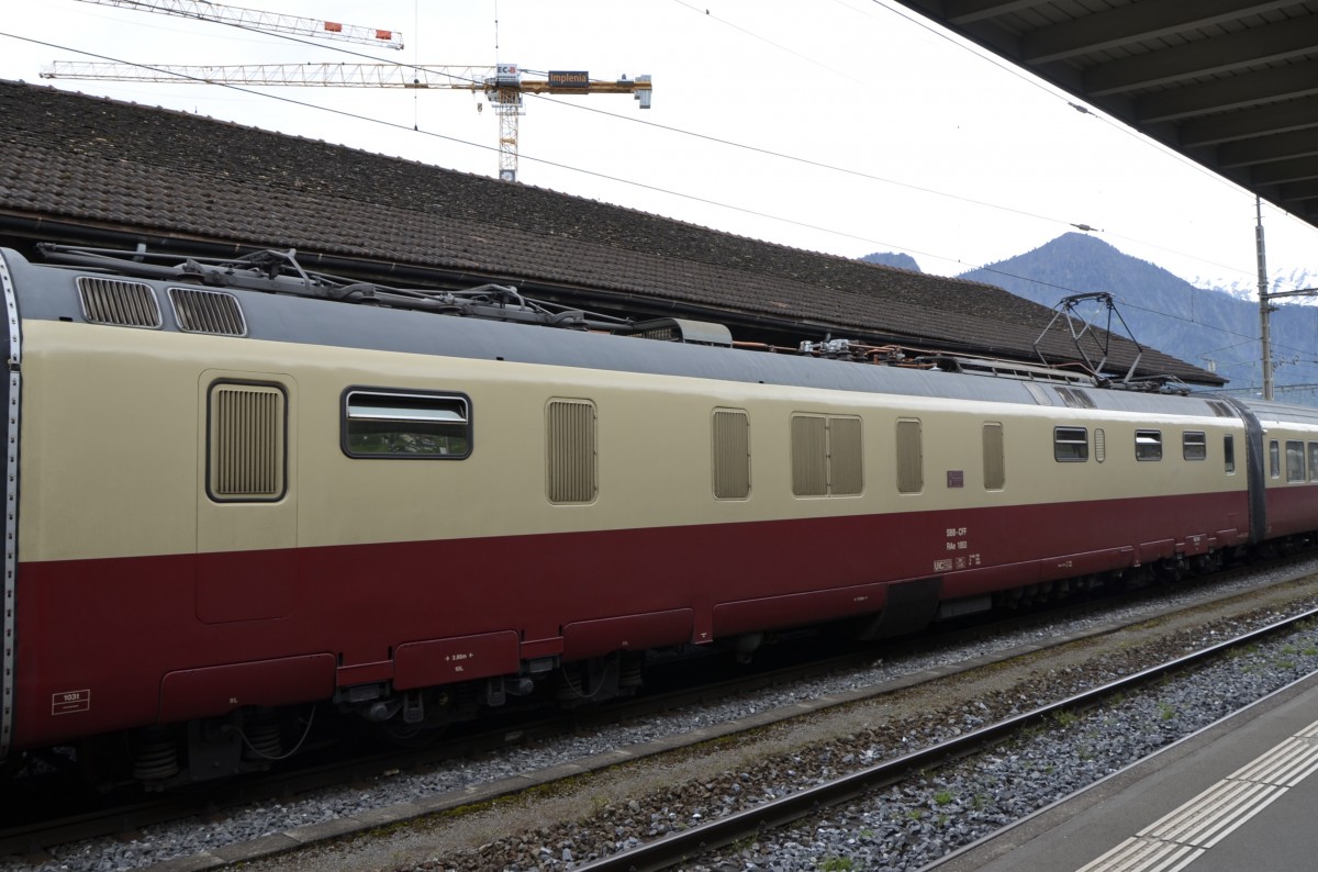 Jubiläum 125 Jahre RhB am 10.05.2014 in Landquart. Anlässlich des Jubiläums war im Bahnhof Landquart der SBB TEE  Gottardo  ausgestellt. Hier der Maschinenwagen.