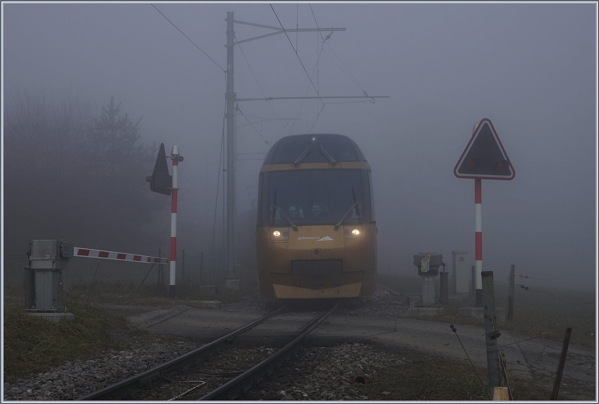 Kaum gute Aussichten genießen die Reisenden im MOB Panormaic bei Les Avants auf der Fahrt nach Montereux.
21. Dez. 2016