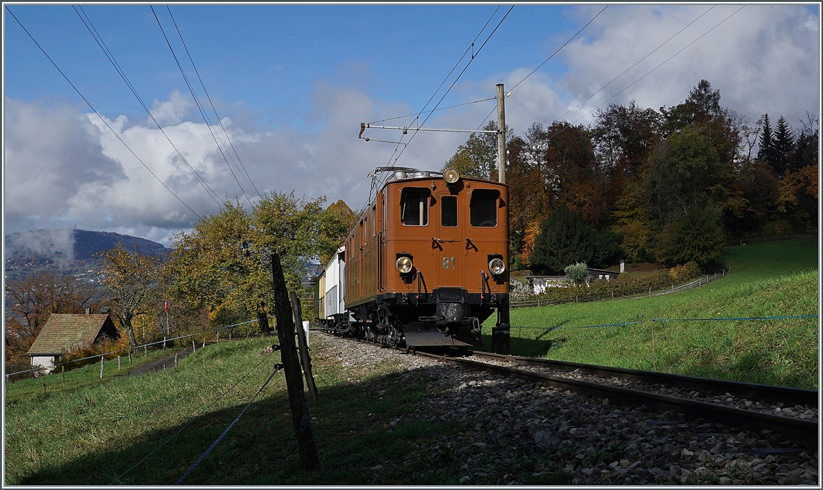  LA DER 2020 du Blonay-Chamby  / Saison Abschluss der Blonay-Chamby Bahn: Mit einem verstärkten Fahrplan und viel Dampf wird vor dem  Winterschlaf  (bzw. Arbeit im DépÔt Chaulin) nochmals viel Betrieb gemacht. Am Samstag war auch die faszinierende Bernina Bahn Ge 4/4 81 mit zwei Zugspaaren im Einsatz; wobei ich froh bin, die Lok bei früheren Gelegenheit fotografiert zu haben, da sie sich dieses Mal etwas im Hintergrund hielt; immerhin verdunkelte die Fotowolke  nur  den bunten Herbstwald im Hintergrund und nicht die Lok.

Bei Chaulin, den 24. Okt. 2020