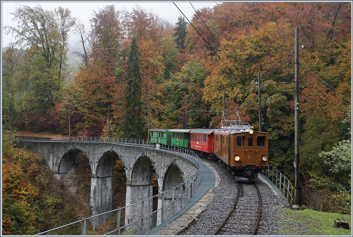 La Dernière du Blonay - Chamby - das 50. Jahre Jubiläum beschliesst die Blonay Chamby Bahn mit einer Abschlussvorstellung: Die Berninabahn Ge 4/4 81 macht mit ihrem bunten Zug auf der Fahrt nach Chaulin dem Herbstwald Konkurrenz.
27. Oktober 2018