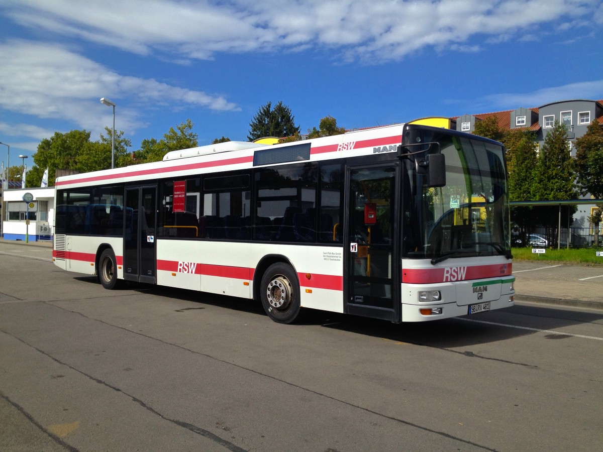 MAN Lions City von Saar-Pfalz-Bus (SB-RV 481). Baujahr 1998, aufgenommen am 17.09.2014 auf dem Betriebshof der WNS in Kaiserslautern.
