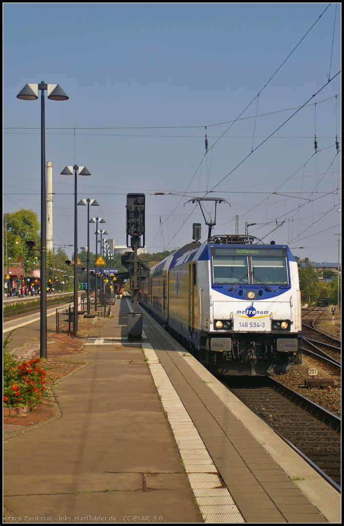 Metronom 146 534-3  Seevetal-Hittfeld  mit einem Regio nach G�ttingen am 05.09.2014 bei der Ausfahrt Uelzen