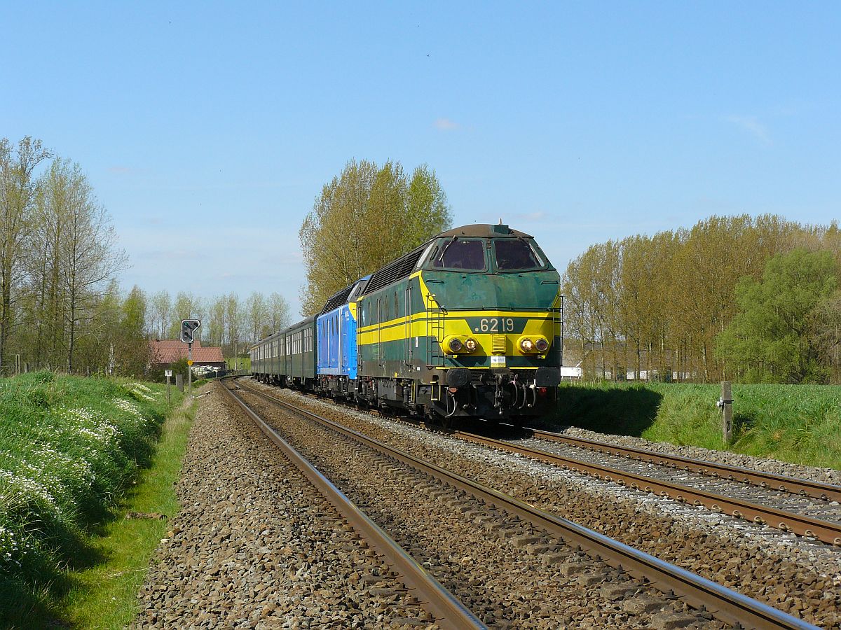 NMBS Diesellok 6219 und 6253 mit M2-Wagen. Sonderfahrt Museumsverein PFT/TSP. Scheldewindeke 05-04-2014.

NMBS diesellocomotieven 6219 en 6253 met M2-rijtuigen gefotografeerd tijdens rondrit van de TSP  Hulde aan de reeks 62 . Scheldewindeke 05-04-2014.