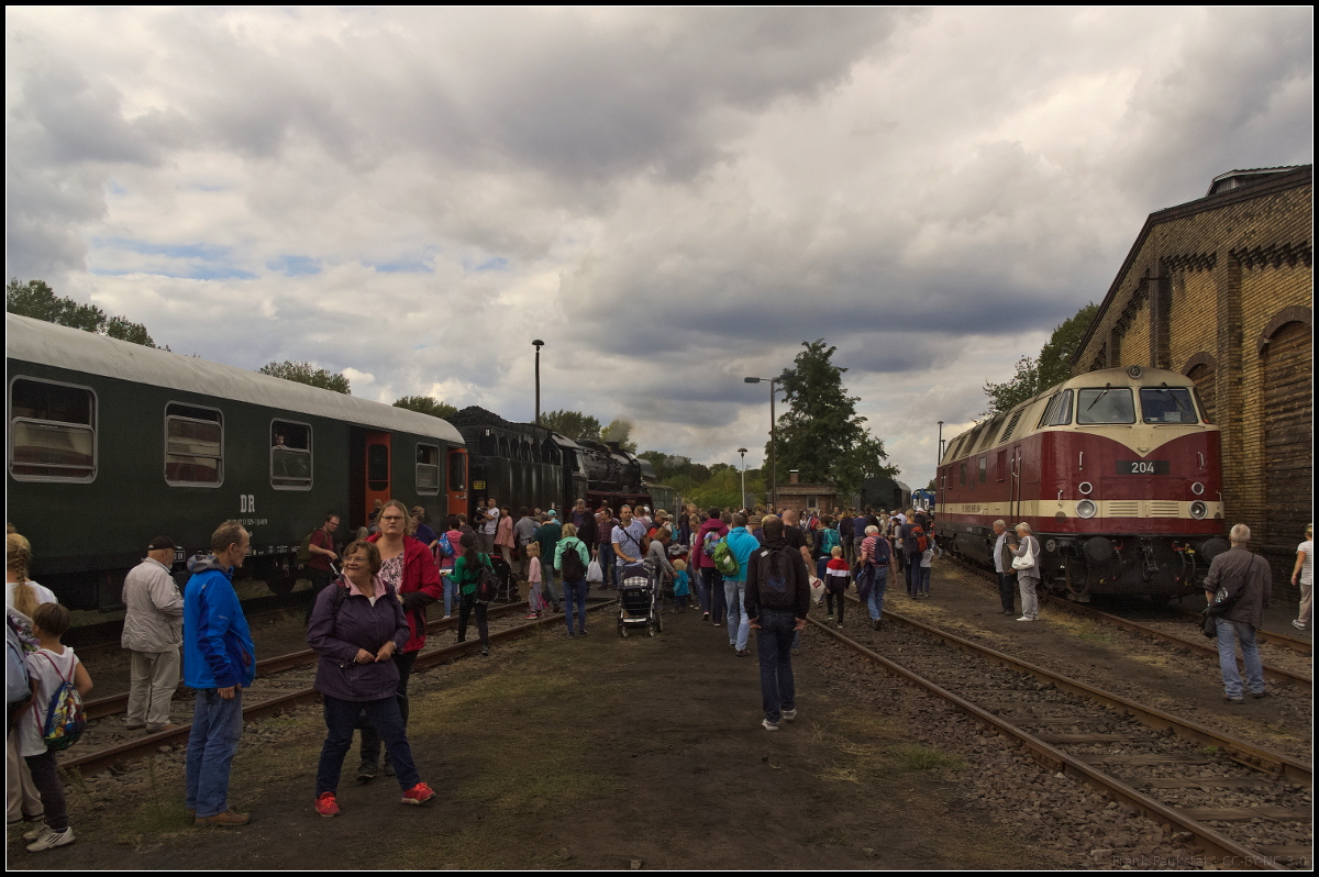 Obwohl die Sonne leider den Wolken Platz machen musste, war der Besuch des 15. Berliner Eisenbahnfest am 15.09.2018 im ehemaligen Betriebbahnhof Berlin-Sch�neweide gro�. Links steht ein Sonderzug der Besucher einmal rund um Berlin fuhr und rechts steht die sch�ne BUNA 204.
