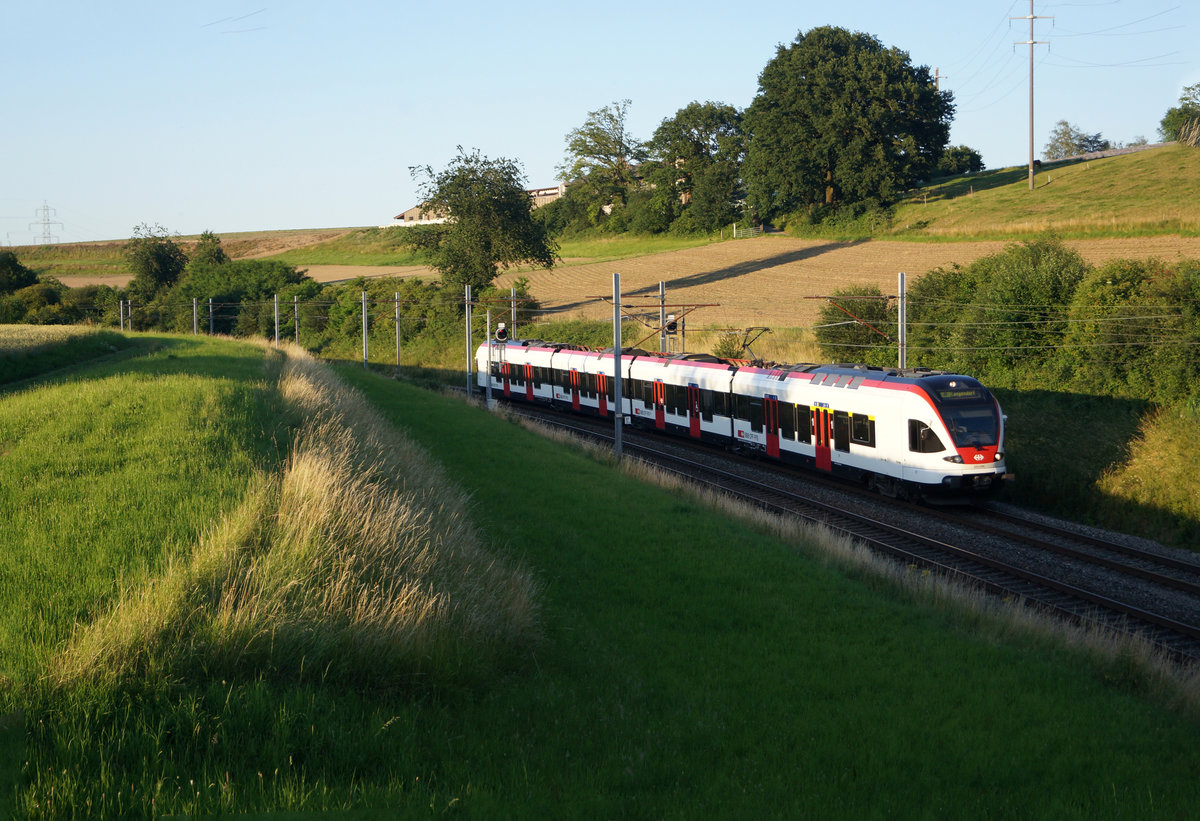 Regio nach Langendorf im letzten Abendlicht.
Diese Aufnahme vom RABe 523 034 ist am 24. Juni 2020 bei Niederbipp entstanden.
Foto: Walter Ruetsch