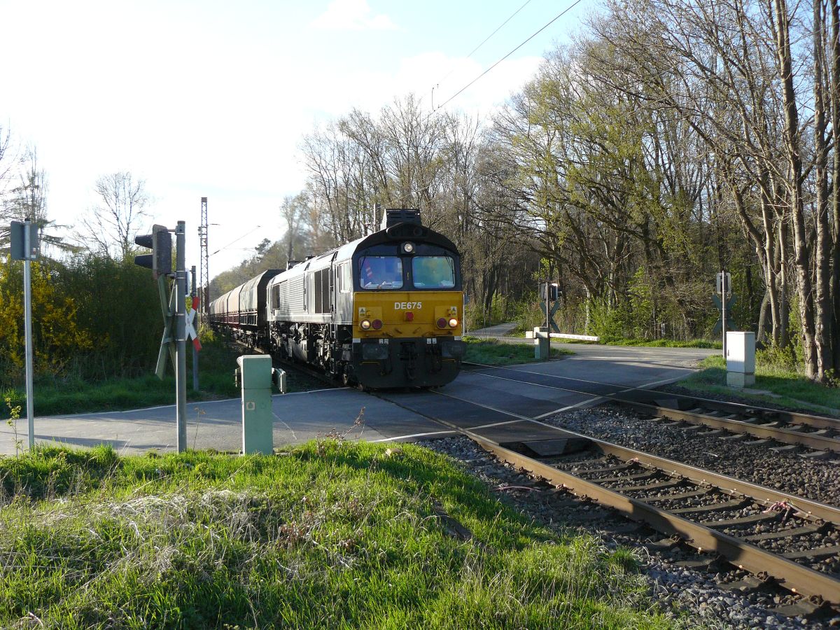 Rhein Cargo Class 66 Diesellocomotive DE 675 Waldweg, Rees bei Emmerich am Rhein 18-04-2015.

Rhein Cargo Class 66 diesellocomotief DE 675 Waldweg, Rees bij Emmerich 18-04-2015.