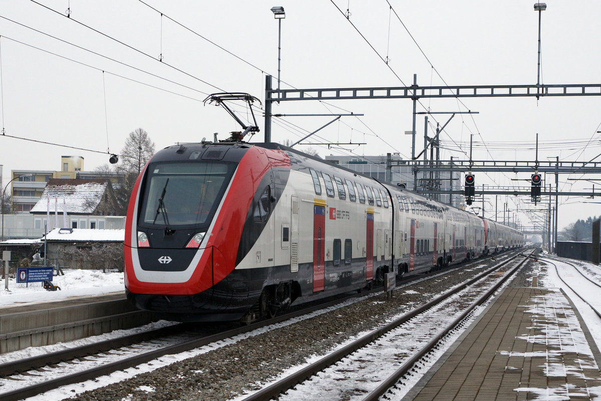 SBB: Bombardier  Twindexxdoppeltraktion  auf Testfahrt in Grenchen am 24. Januar 2017.
Foto: Walter Ruetsch