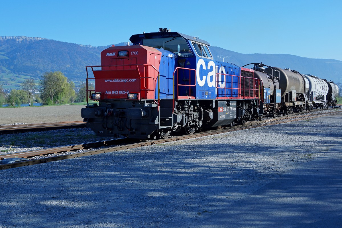 SBB: Güterzug mit Am 843 063-9 (MAK 1700) im Bernbiet am frühen Morgen des 22.4.2015.
Foto: Walter Ruetsch