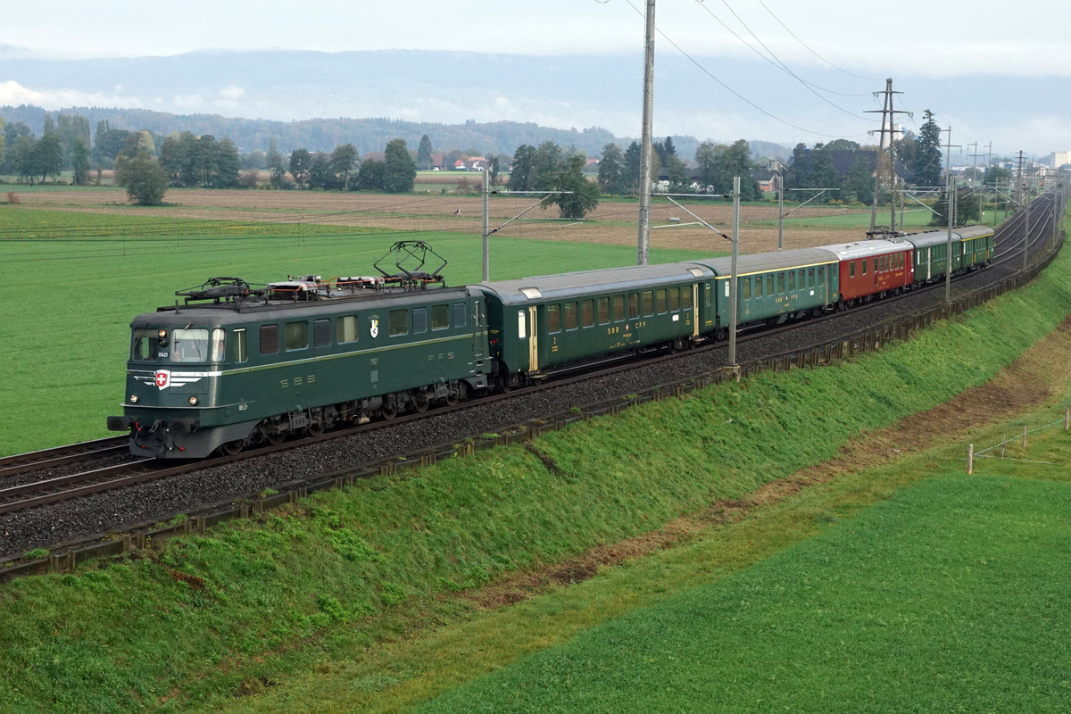 SBB Historic - Fahrt ins Blaue vom 17. Oktober 2020. Wagenüberfuhr Olten-Bern mit der Ae 6/6 11421  Graubünden  am frühen Morgen bei Bollodingen.
Foto: Walter Ruetsch