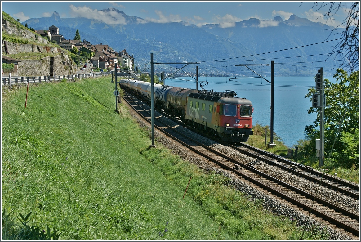 SBB Re 620 060-4 mit einem Gterzug bei Rivaz. Im Hintergrund St-Saphorin. 9.9.13
(Version II, scaliert, dann normal geschrt)