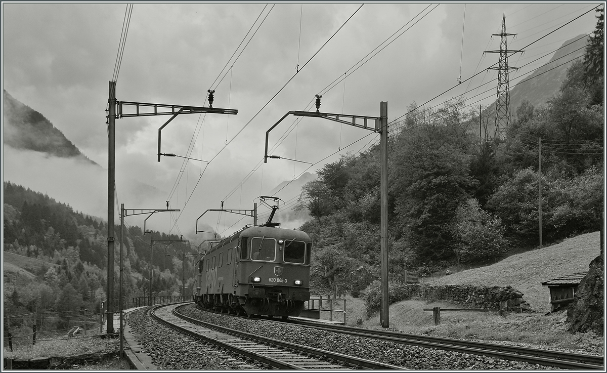 SBB Re 620 065-3 und eine Re 4/4 II/III mit einem Güterzug zwischen Wassen und Pfaffensprung.
10.10.2014