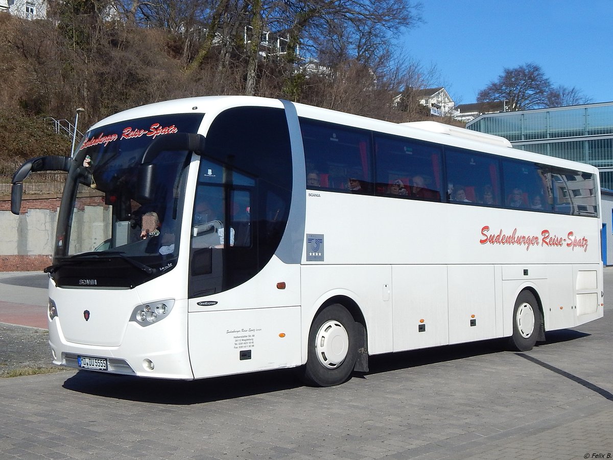 Scania OmniExpress von Sudenburger Reise-Spatz aus Deutschland im Stadthafen Sassnitz.