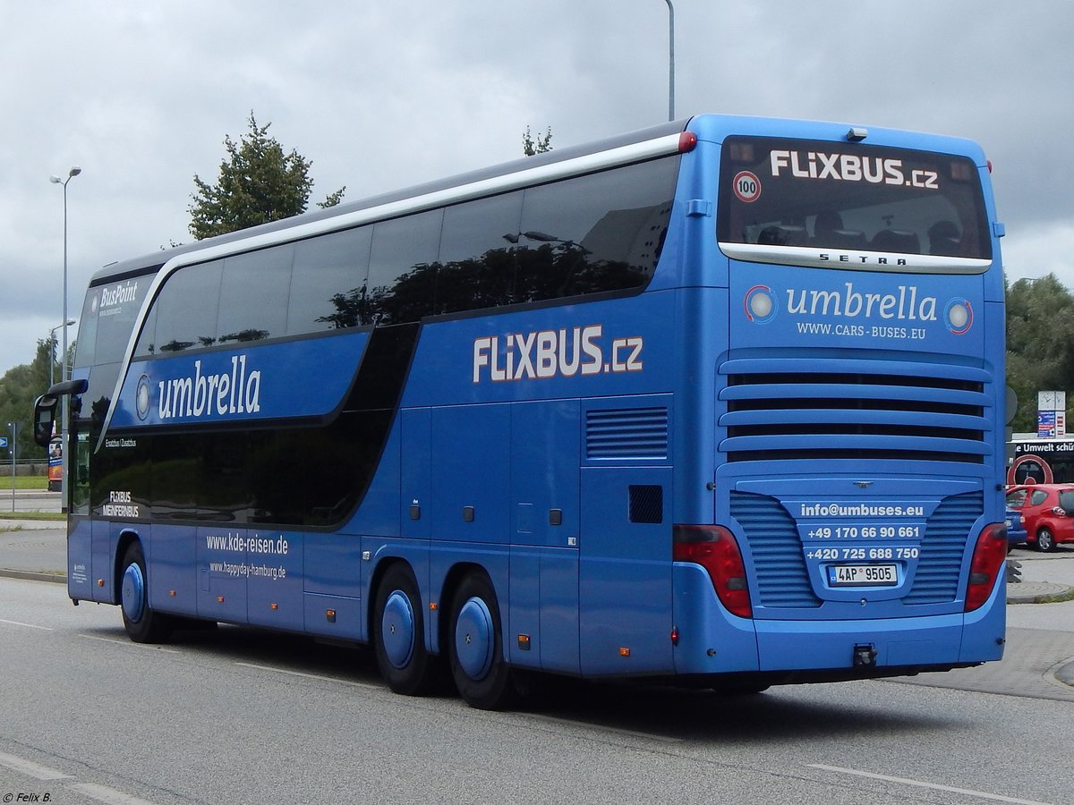 Setra 431 DT von Flixbus/Umbrella/KDE aus Deutschland in Rostock. 