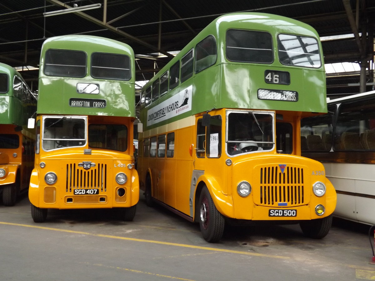 SGD 407 (L405) & SGD 500 (A350)

L405 - 1960 Leyland PD3
Alexander H41/31F
Glasgow Corporation L405

A350 - 1961 AEC Regent V
Alexander H41/31F
Glasgow Corporation A350

Photograph taken at Bridgeton Bus Garage, Glasgow, Scotland, home of the Glasgow Vintage Vehicle Trust on Sunday 11th October 2015.