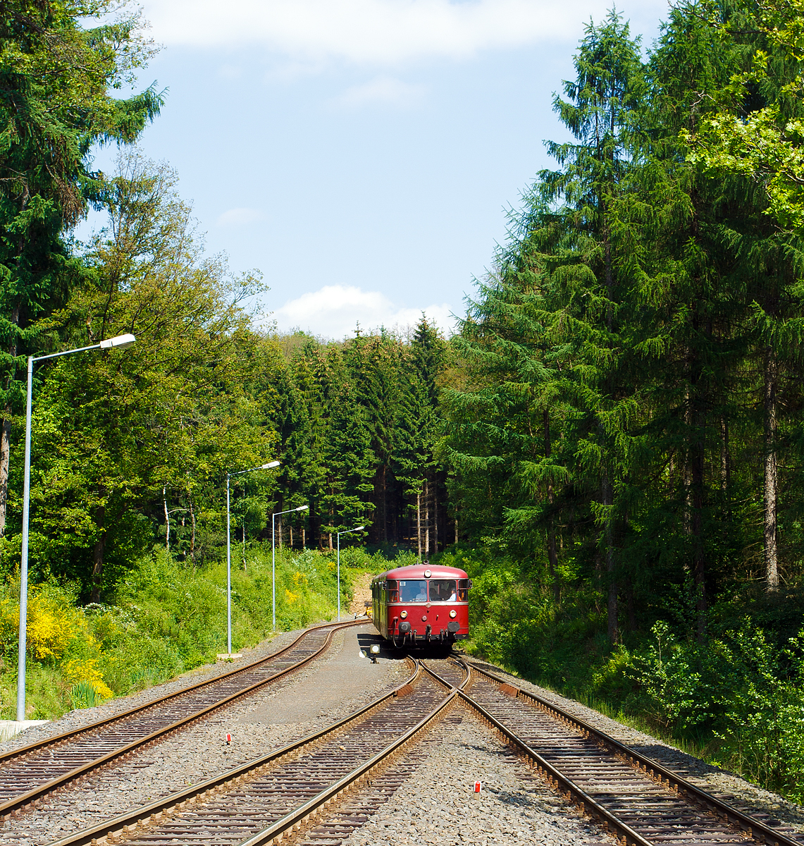 Sonderfahrt vom Förderverein Schienenbus e.v., Menden am 02.06.2012, u.a. von Herdorf zur Grube Pfannenberger Einigkeit eine priv. Strecke der Kreisbahn Siegen-Wittgenstein (Betriebsstätte Freien Grunder Eisenbahn - NE 447). Um die letzten Höhenmeter zu überwinden gibt es hier die Spitzkehre Pfannenberg in der ein letzter Richtungswechsel erfolgt.

Hier fährt die Schienenbusgarnitur, bestehend aus Schienenbus 796 690-6, Beiwagen 996 309-1 und Schienenbus 796 802-7, nun hinauf.

Heute gibt es zwischen Herdorf und der Grube Pfannenberger Einigkeit noch jeden Werktag Güterverkehr, obwohl die Erzgrube Pfannenberger Einigkeit ihren Betrieb im April 1962 aufgegeben hat. An ihrer Stelle benötigen seitdem die Schäfer Werke KG den Anschluss für die Zulieferung von Stahlcoils sowohl als Rohstoff als auch für ihren Handel mit deren Zuschnitten nach Kundenwunsch.

Eigentlich war und ist die Steigung nicht so das Problem, aber die Wagen sind schwer. Früher ging es mit beladenen Erzwagen hinab, heute geht es mit beladenen Coilwagen hinauf.
