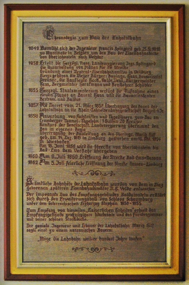 Und noch eine Chronologie der Lahntalbahn. Gefunden im Bahnhof Balduinstein. April 2009.