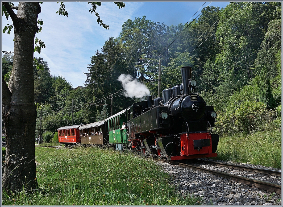 Unter einem schattigen Baum wartend, fotografierte ich bei Blonay die G 2x 2/2 105 der Blonay-Chamby Bahn auf dem Weg nach Chaulin.

26. Juli 2020