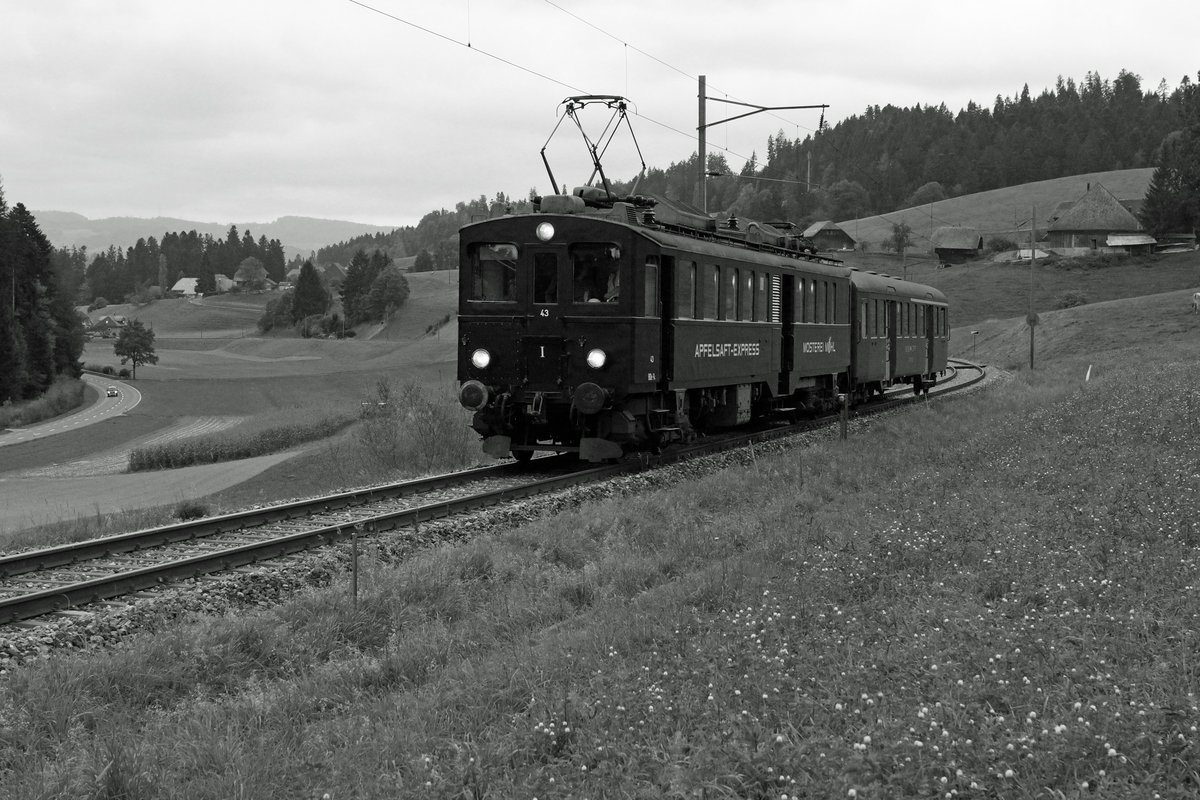 VHE/ Verein Historische Eisenbahn Emmental:
Anlässlich der Huttwiler Dampftage 2016 fand am 1. Oktober ein interessantes Triebwagentreffen statt.
Eurovapor BDe 3/4 43, ehemals BT, mit einem Sonderzug auf der Museumsstrecke Sumiswald-Huttwil.
Foto: Walter Ruetsch