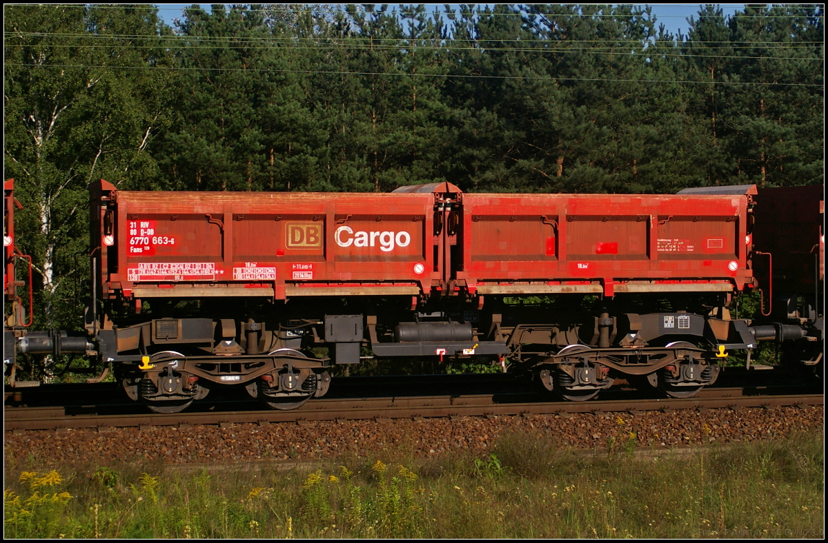 Vierachsiger Drehgestell-Schüttgutkippwagen der Gattung Fans 128 von DB Cargo Deutschland. Der zweimuldige Zweiseiten-Kastenkipper ist für den Transport von feuchtigkeits-unempfindlichen Schüttgütern wie z.B. Splitt, Kies, Schotter, erdfeuchtem Sand, Bodenaushub oder Bauschutt vorgesehen. Die Wagen besitzen eine autarke Wagentechnik und eine speicherprogrammierbare Steuerung (31 RIV 80 D-DB 6770 663-6 Fans 128)